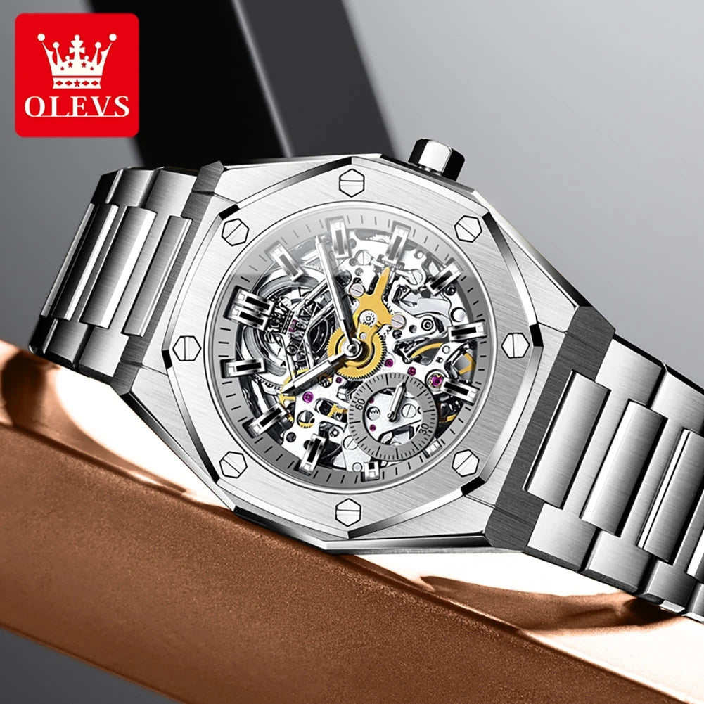OLEVS Men's Watch Top Brand Luxury Hollowing Automatic Mechanical Watch Waterproof Luminous Watch for Men Gift Clock