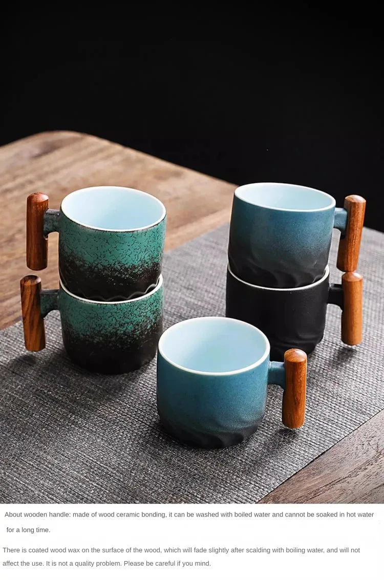 Handmade Ceramic Coffee Mug with Wooden Handle - Retro Tea Cup, Office Water Cup Filter Design, Unique Birthday Gift