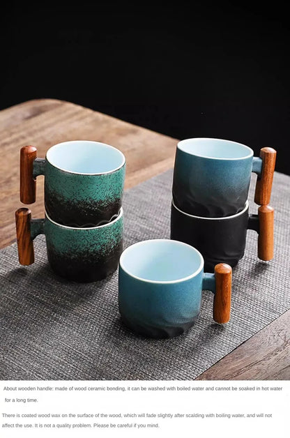 Handmade Ceramic Coffee Mug with Wooden Handle - Retro Tea Cup, Office Water Cup Filter Design, Unique Birthday Gift