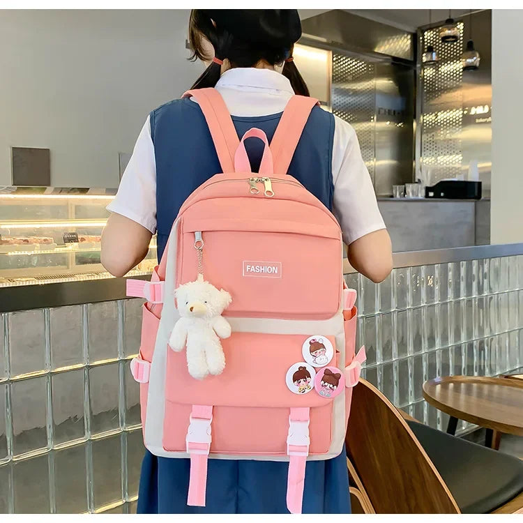Five-Piece Set Large Capacity Fashionable Double Shoulder Backpack for Junior And High School Girls Primary School Students
