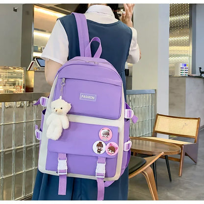 Five-Piece Set Large Capacity Fashionable Double Shoulder Backpack for Junior And High School Girls Primary School Students