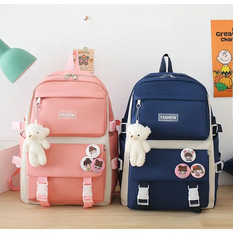 Five-Piece Set Large Capacity Fashionable Double Shoulder Backpack for Junior And High School Girls Primary School Students