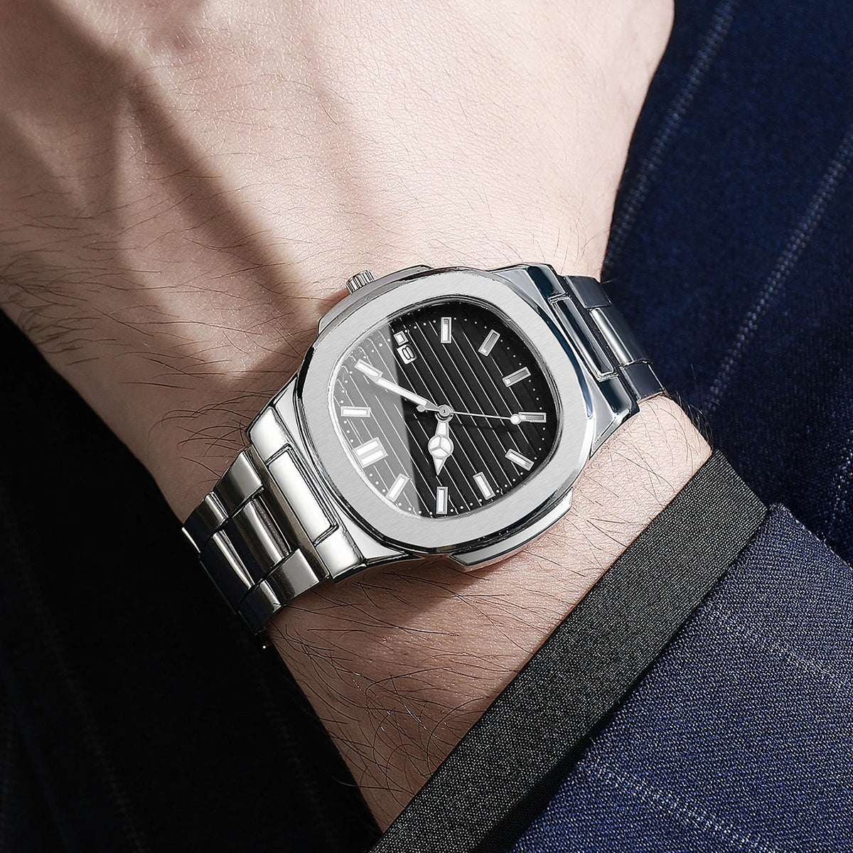 Men Fashion Wristwatches Business Square Dial Stainless Steel Strap Quartz Watch with Calendar For Mens Clock（Without Box）