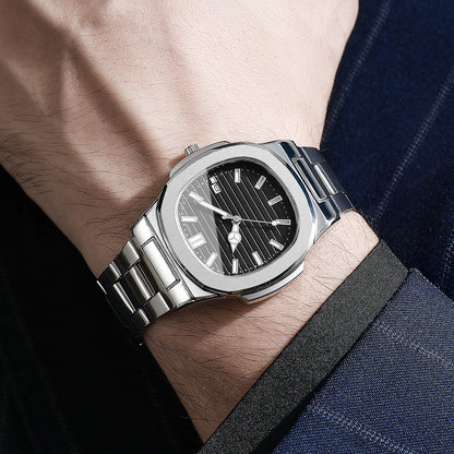 Men Fashion Wristwatches Business Square Dial Stainless Steel Strap Quartz Watch with Calendar For Mens Clock（Without Box）
