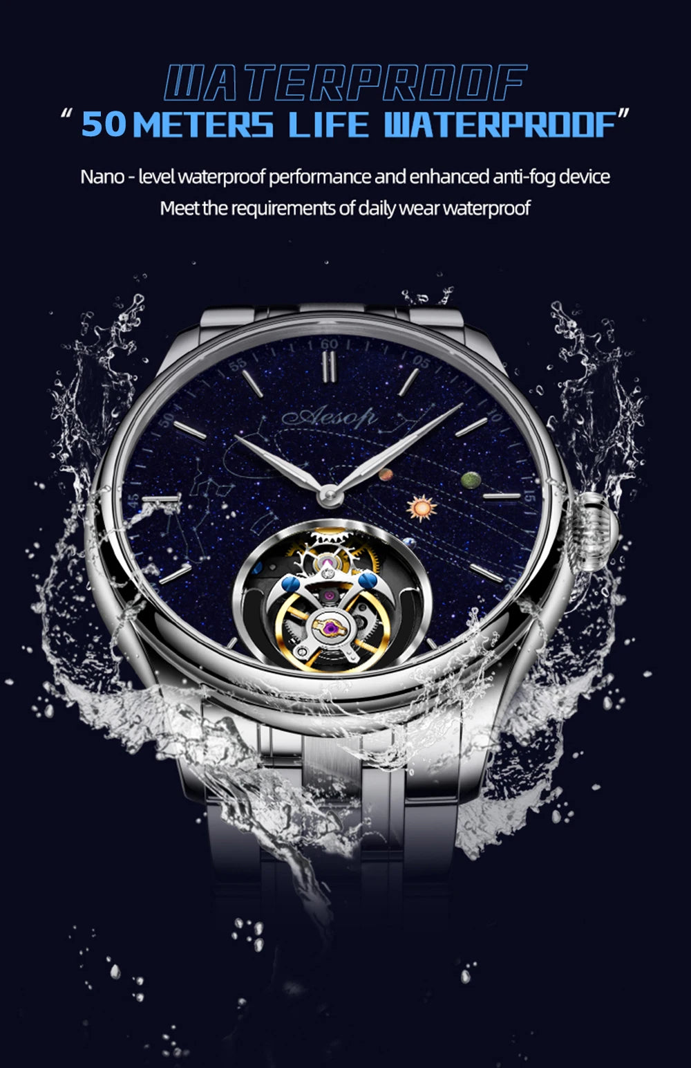 AESOP Mens Luxury Real Flying Tourbillon Mechanical Sapphire Waterproof Watch Skeleton Watches for Men Wristwatches Male 2025 A