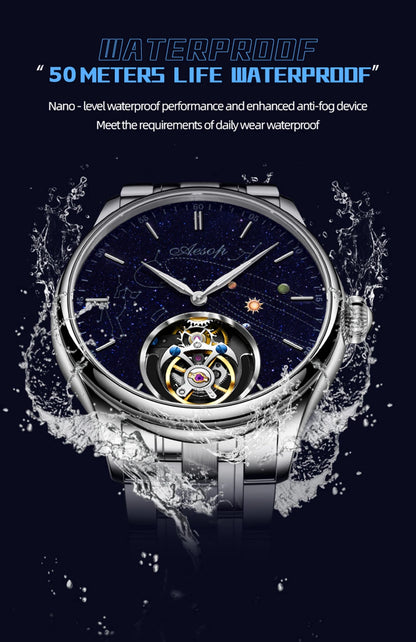 AESOP Mens Luxury Real Flying Tourbillon Mechanical Sapphire Waterproof Watch Skeleton Watches for Men Wristwatches Male 2025 A