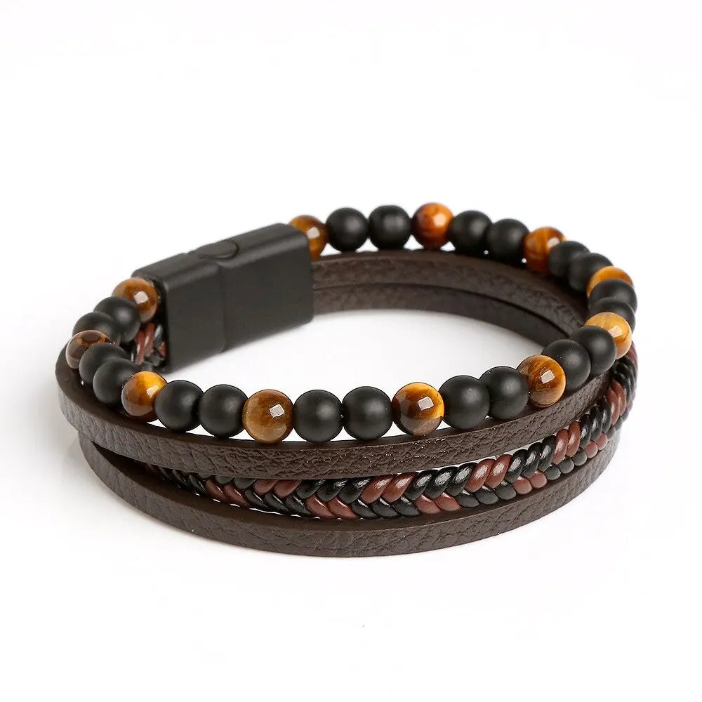 Men Leather Bracelet Classic Fashion Tiger Eye Beaded Multi Layer Leather Bracelet For Men Jewelry Gift RELUX.STORE