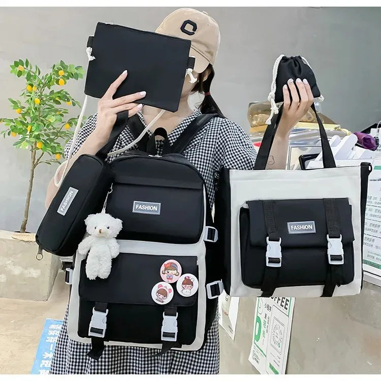 Five-Piece Set Large Capacity Fashionable Double Shoulder Backpack for Junior And High School Girls Primary School Students