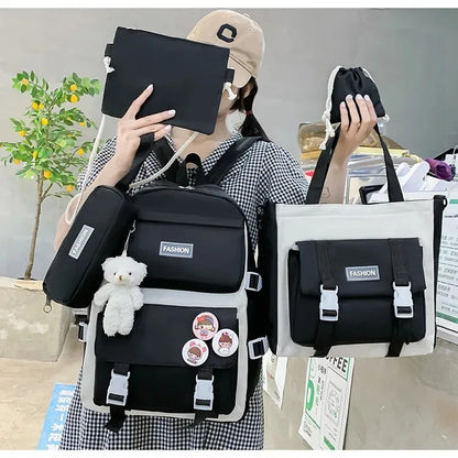 Five-Piece Set Large Capacity Fashionable Double Shoulder Backpack for Junior And High School Girls Primary School Students