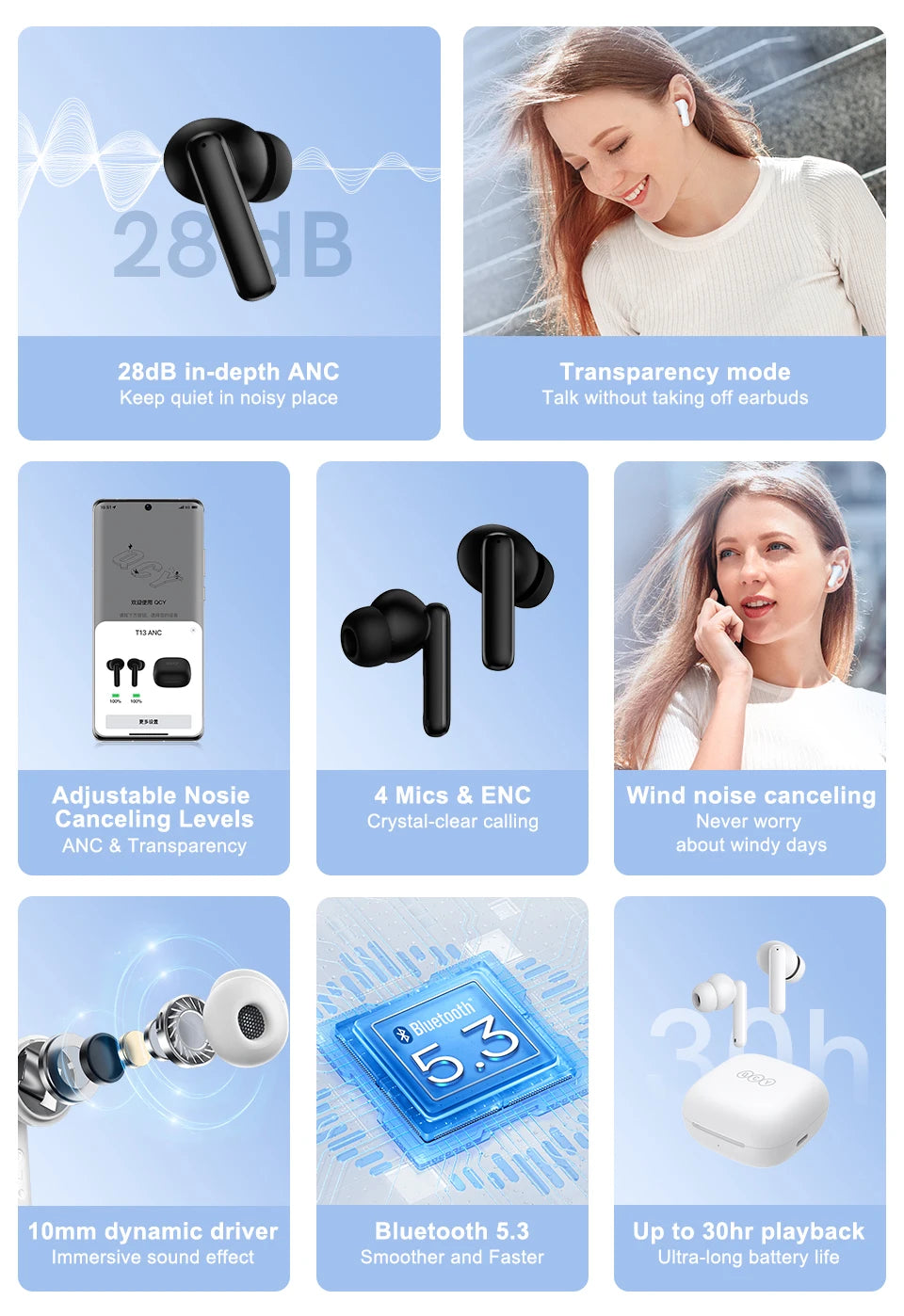 QCY T13 ANC Earphone Bluetooth 5.3 Active Noise Cancellation -28dB Wireless Headphone Fast Charge Earbuds 0.068' Low Latency RELUX.STORE