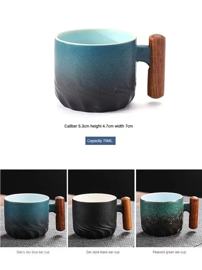 Handmade Ceramic Coffee Mug with Wooden Handle - Retro Tea Cup, Office Water Cup Filter Design, Unique Birthday Gift