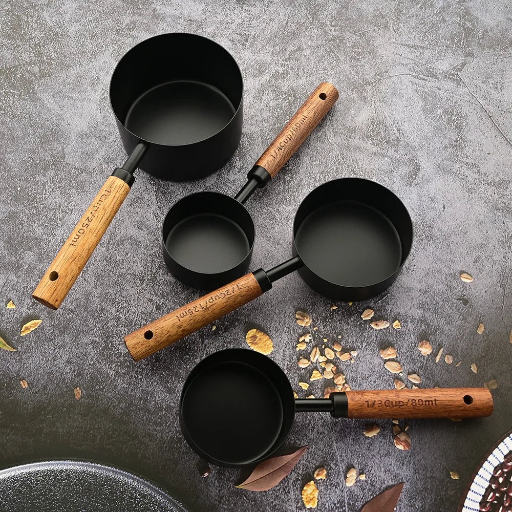 Gold Wooden Handle Stainless Steel Measuring Cups Spoons Baking Tools Coffee Measuring Spoon Set Bartending Scale Accessories
