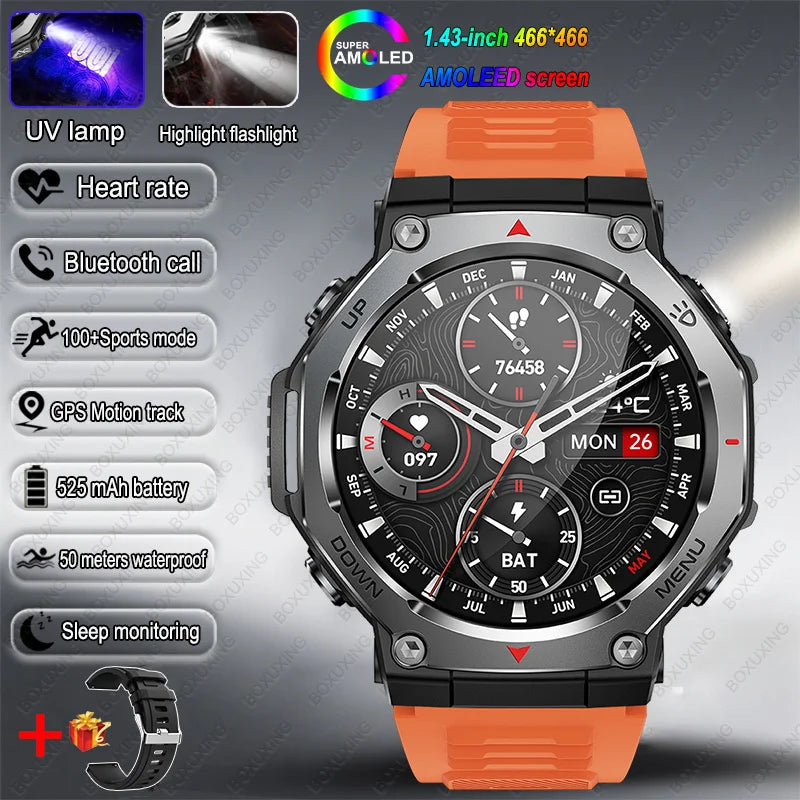 T-Rex 3 GPS Smart Watch 5ATM Waterproof 1.43 inch AMOLED HD Screen BT Call Flashlight Military Sport Smartwatches Men 2025 New
