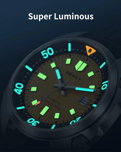 BERNY Automatic Diver Watch for Men Super Luminous Wristwatch Sapphire Sport Mechanical 20ATM 1970 Compressor Diving Men Watches