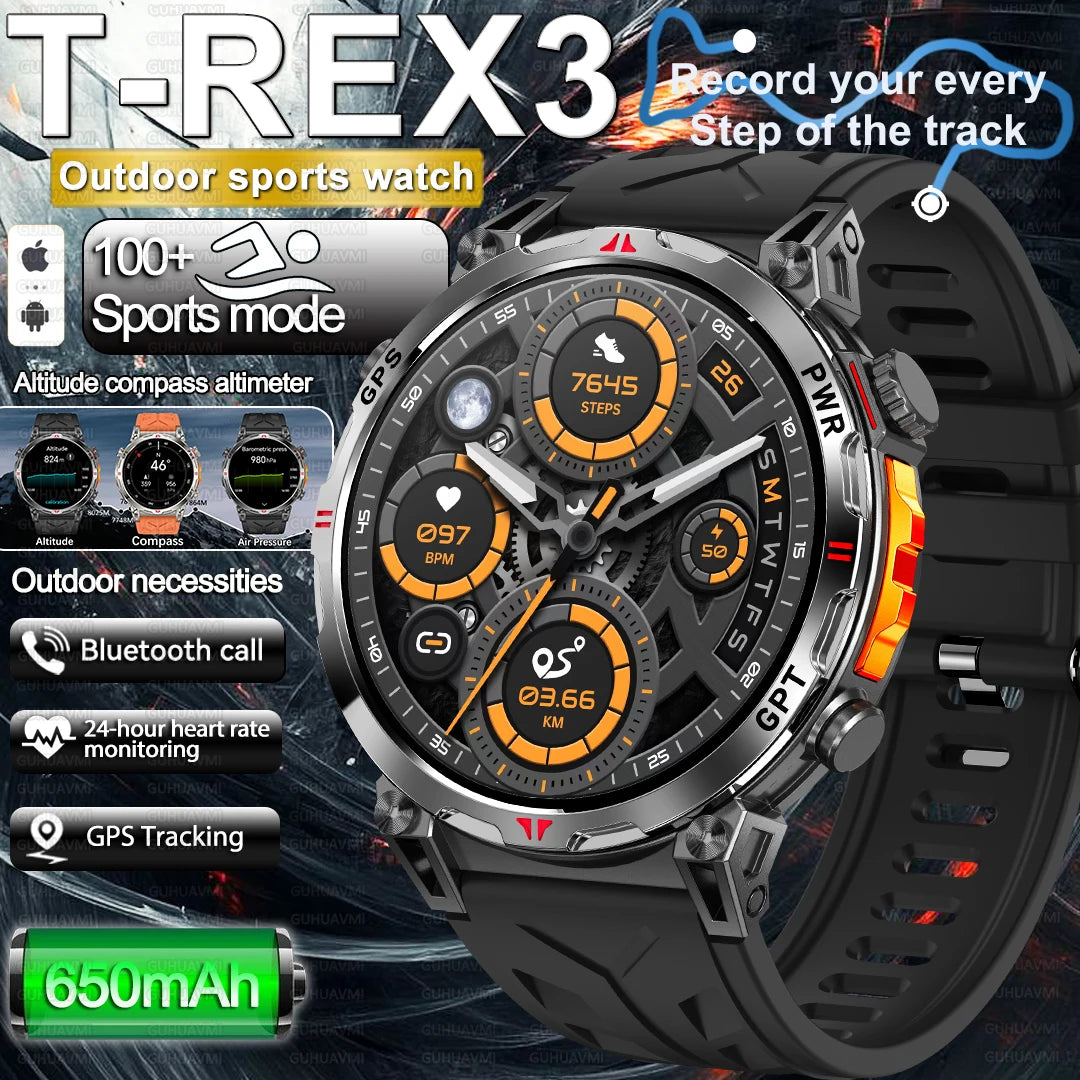 2025 New Military AMOLED HD SmartWatch 650Mah Battery GPS Compass 5ATM Waterproof Tactics 100+ Sport BT call Smart Watch For Men