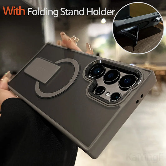Luxury Magnetic Wireless Charge For Magsafe Case For Samsung Galaxy S25 S23 Ultra S24 Plus FE Folding Stand Holder Matte Cover
