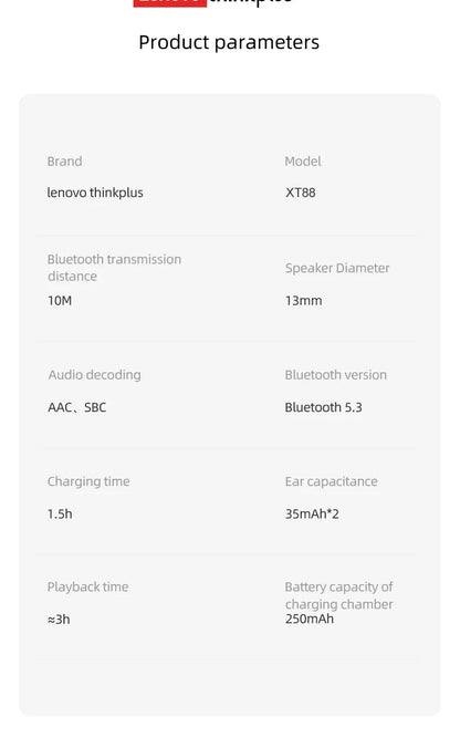 Lenovo Thinkplus XT88 in Ear Bluetooth Earphones with Dual Microphones, Stereo Noise Reduction, Bass HIFI Touch Earphones RELUX.STORE