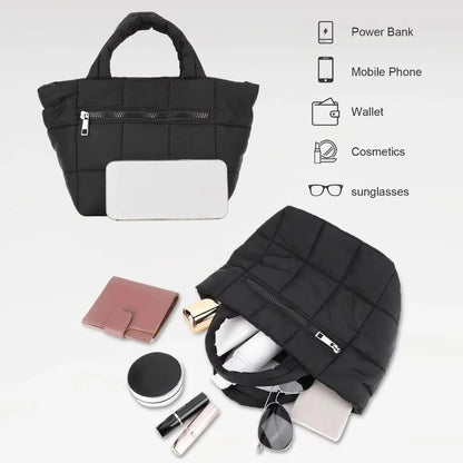 Adjustable Quilted Tote Bag Nylon Detachable Strap Puffer Bag Large Capacity with Zipper Crossbody Bag Travel