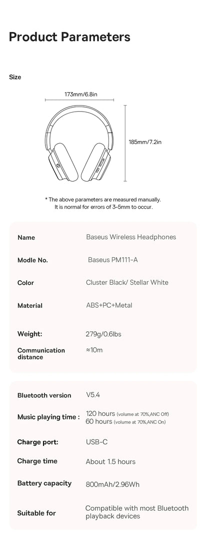 Baseus Bowie H1s Wireless Headphones Bluetooth 5.4 Noise Canceling 46dB Over Ear Headset Hi-Res Spatial Audio Earphone 120H Time