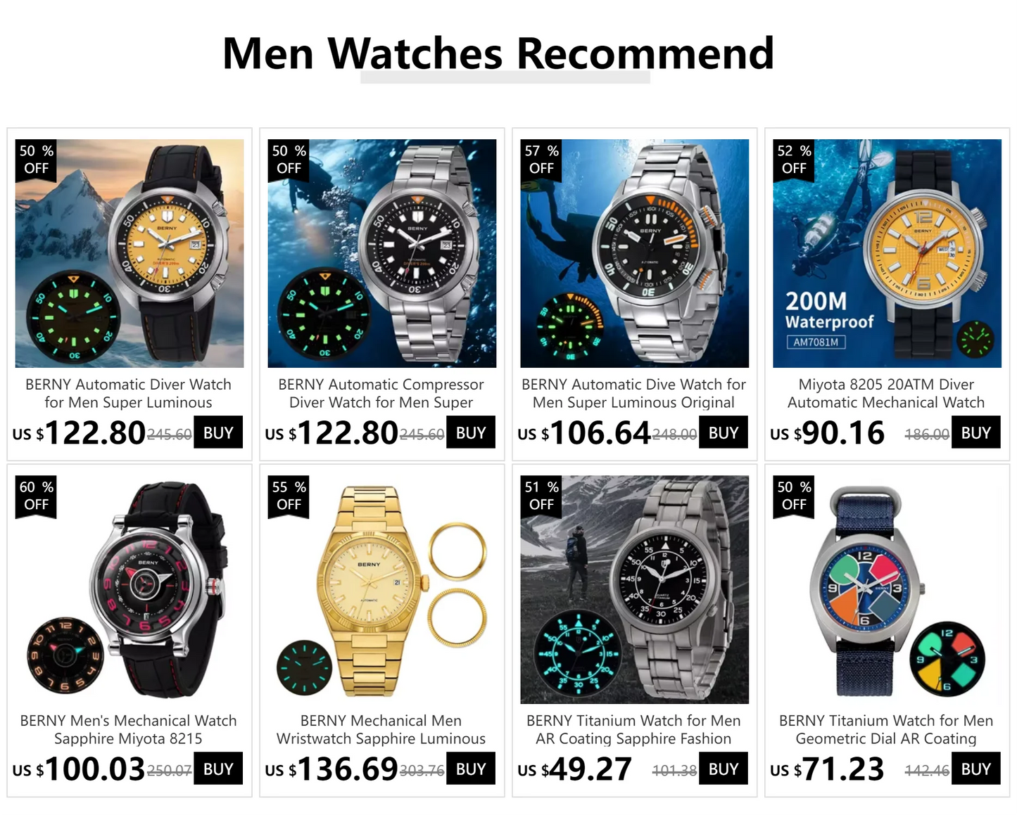 BERNY 20Bar Diver Men Mechanical Watch Miyota 8215 Super Luminous Sapphire Swiming Automatic Self Wind Silicone Men Wristwatch