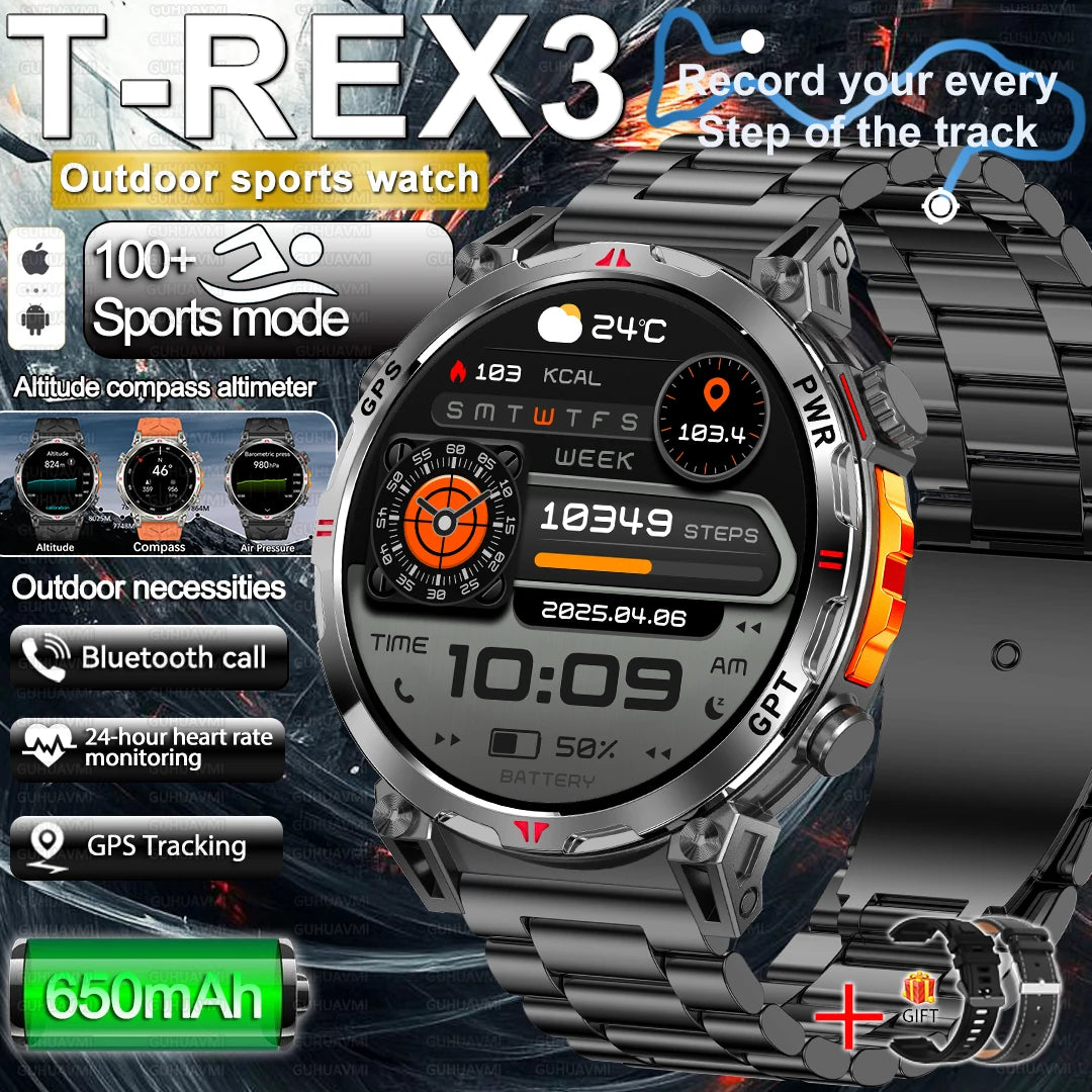 2025 New Military AMOLED HD SmartWatch 650Mah Battery GPS Compass 5ATM Waterproof Tactics 100+ Sport BT call Smart Watch For Men