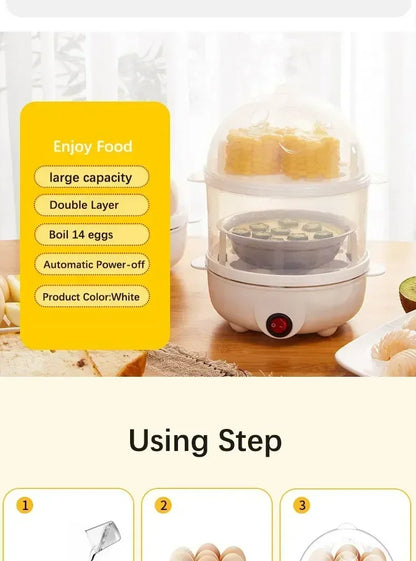 Multifunctional Electric Egg Cooker Steamer - Double Layer for Boil, Poach, Steam Eggs & Veggies, Compact Breakfast Appliance
