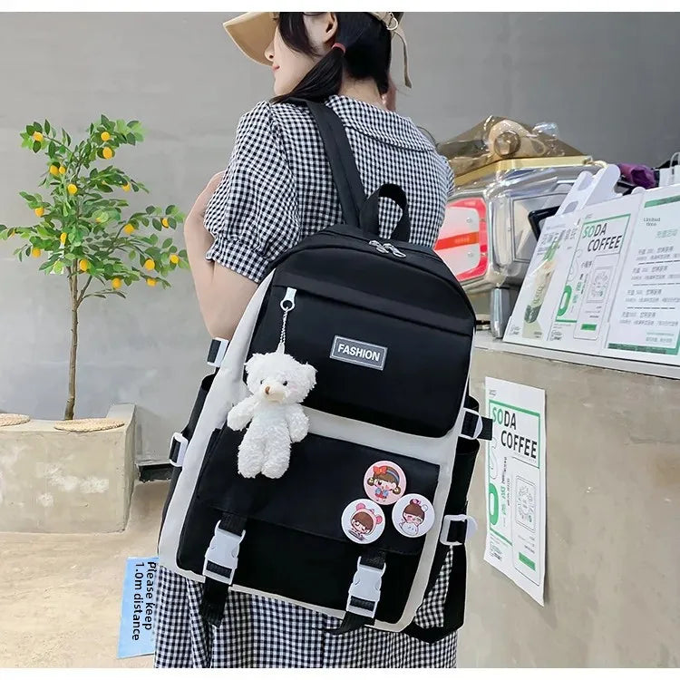 Five-Piece Set Large Capacity Fashionable Double Shoulder Backpack for Junior And High School Girls Primary School Students