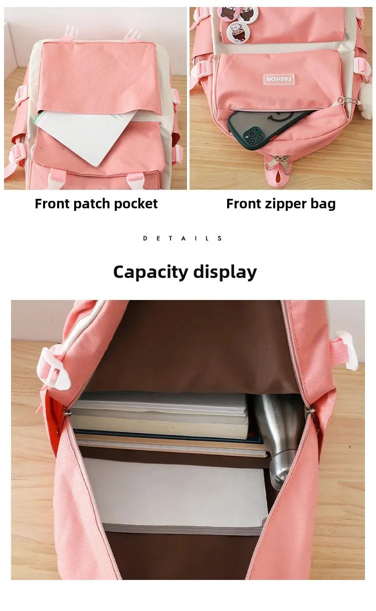 Five-Piece Set Large Capacity Fashionable Double Shoulder Backpack for Junior And High School Girls Primary School Students