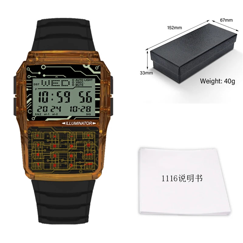 Computer Style Stainless Steel Strap Watch Men's Calculator Watch Multifunctional Led Watch Plastic Case Men's Watch Top Luxury