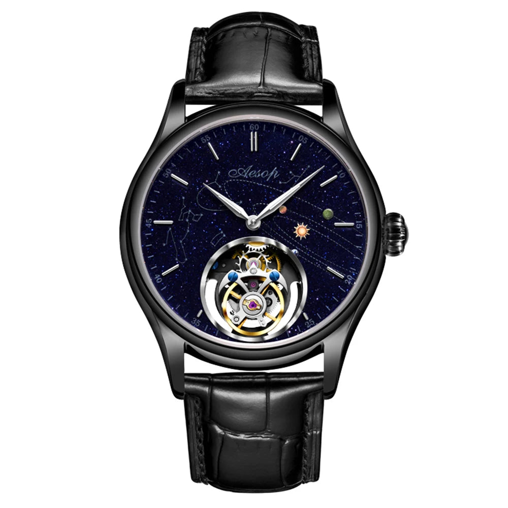 AESOP Mens Luxury Real Flying Tourbillon Mechanical Sapphire Waterproof Watch Skeleton Watches for Men Wristwatches Male 2025 A