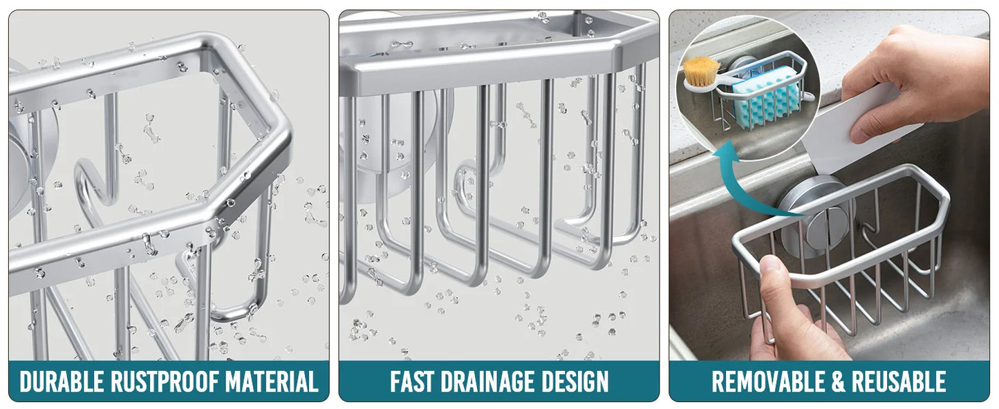 TAILI Sponge Holder for Kitchen Sink with Strong Suction Cup Removable, Rustproof Aluminum Sink Caddy for Sponge, Brush