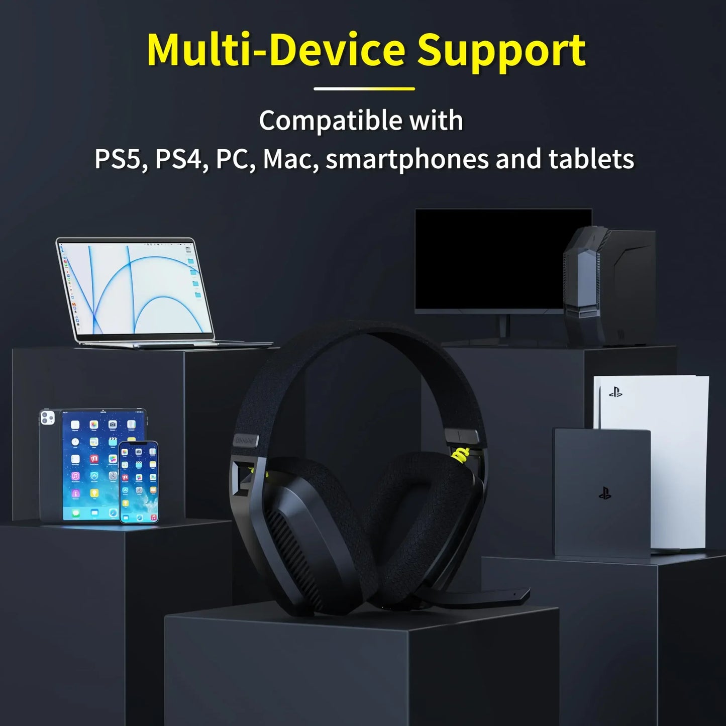 BINNUNE BW06 2.4GHz Bluetooth Gaming Headset with Mic for PS5 PS4 PC Mac Playstation Wireless Gaming headphone with Microphone