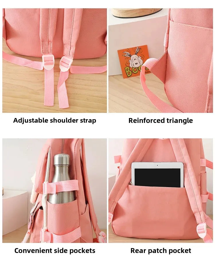 Five-Piece Set Large Capacity Fashionable Double Shoulder Backpack for Junior And High School Girls Primary School Students
