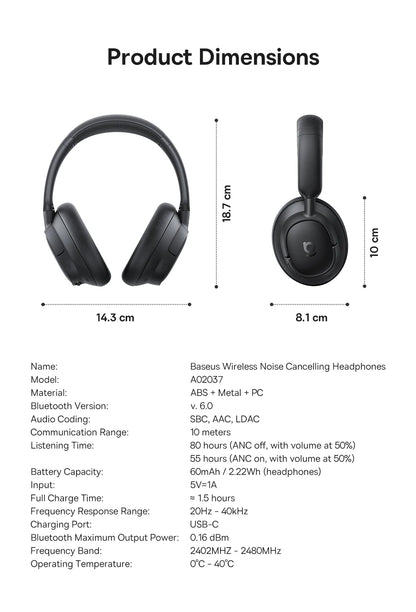 Baseus Bowie H1s Wireless Headphones Bluetooth 5.4 Noise Canceling 46dB Over Ear Headset Hi-Res Spatial Audio Earphone 120H Time
