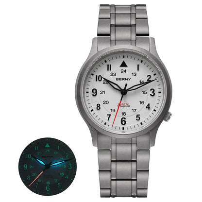 BERNY Titanium Watches for Men Classic Mens Field Pilot Watch Easy Read Outdoor Quartz Wristwatch Super Luminous Sapphire 5ATM