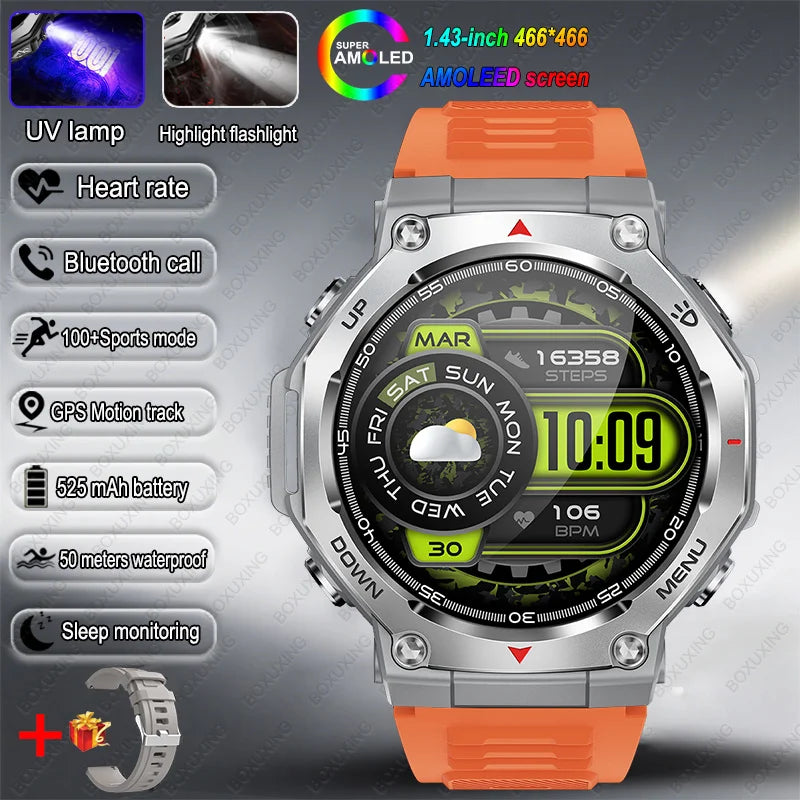 T-Rex 3 GPS Smart Watch 5ATM Waterproof 1.43 inch AMOLED HD Screen BT Call Flashlight Military Sport Smartwatches Men 2025 New