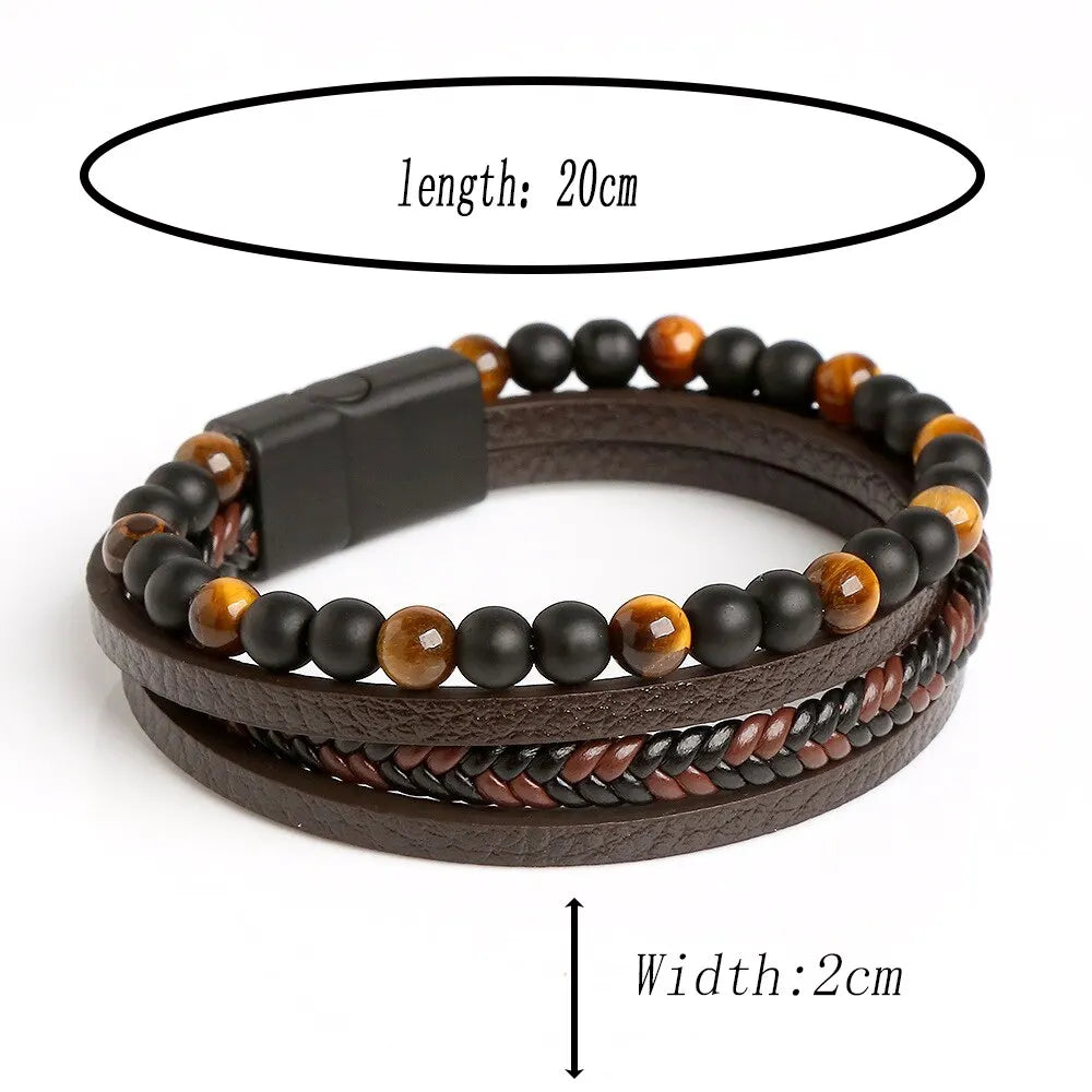 Men Leather Bracelet Classic Fashion Tiger Eye Beaded Multi Layer Leather Bracelet For Men Jewelry Gift RELUX.STORE