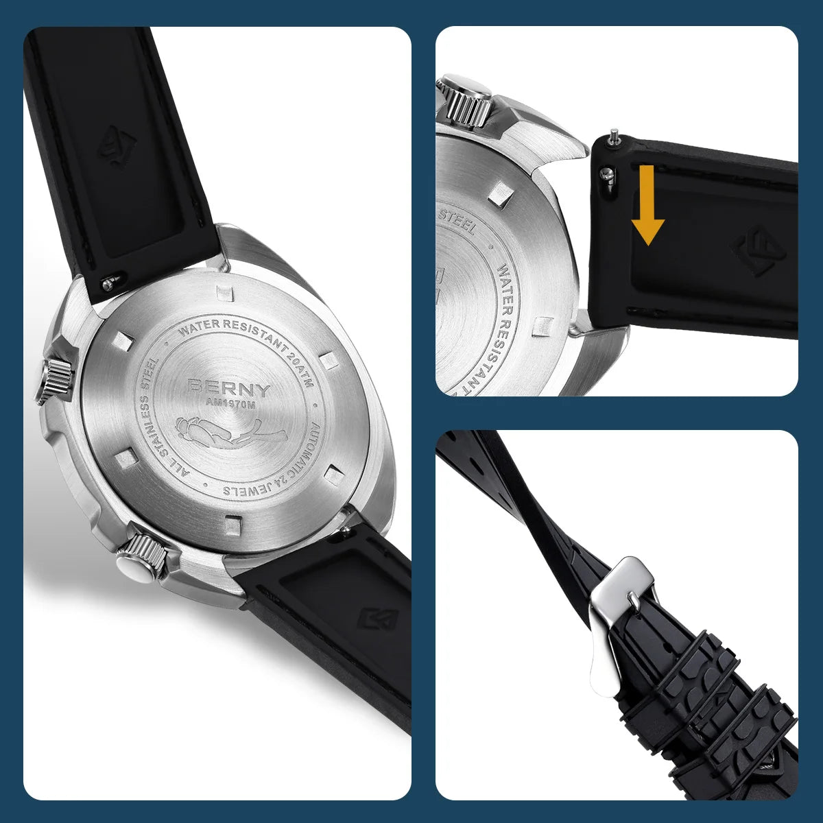 BERNY Automatic Diver Watch for Men Super Luminous Wristwatch Sapphire Sport Mechanical 20ATM 1970 Compressor Diving Men Watches