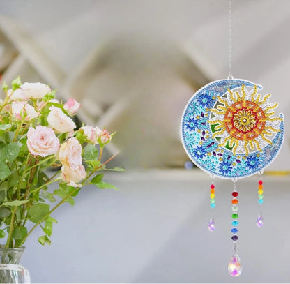 1 Acrylic Double-sided Super Flash Crystal Diamond Painting Captures Scenery Sun Moon Heart Tree Pattern DIY Wind Chimes