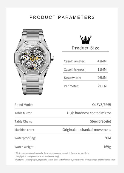 OLEVS Men's Watch Top Brand Luxury Hollowing Automatic Mechanical Watch Waterproof Luminous Watch for Men Gift Clock