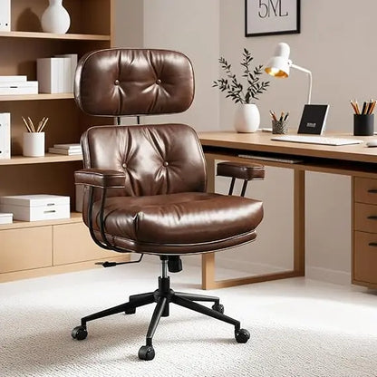 Ergonomic Mid-Century Modern Leather Office Chair with Lumbar Support High Back Swivel Rolling Executive Chair for Home Use