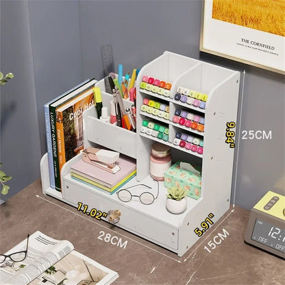 Wooden Desk Organiser DIY Desktop Tidy Pen Holder Large Capacity Stationery Storage Box with Drawer for Home Office and School