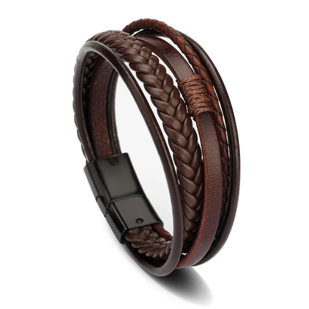 Trendy Leather Bracelets For Men Stainless Steel Bracelet 21CM Multilayer Braided Rope Bracelets for Male Jewelry Gifts RELUX.STORE
