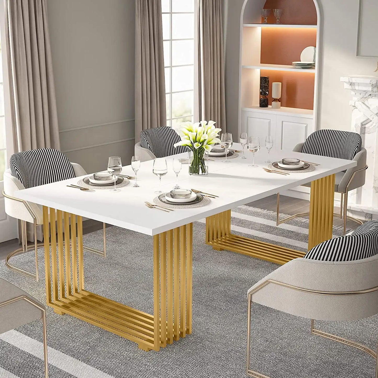 70.9" Executive Office Desk, Modern Conference Desk with Metal Frame, White Gold