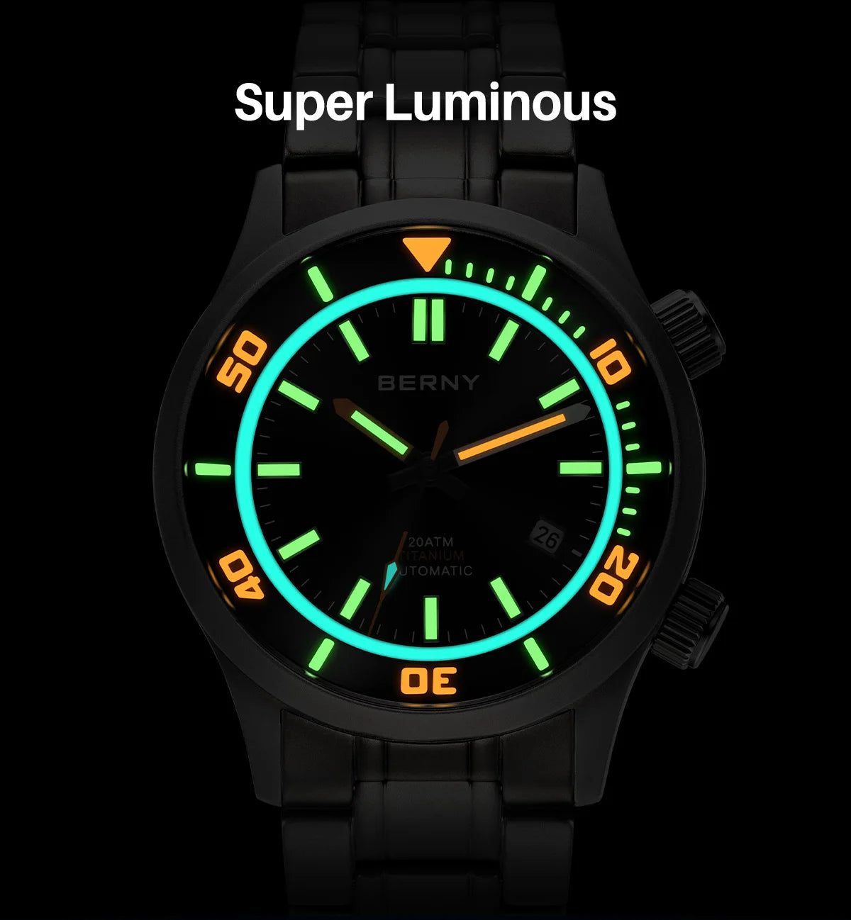 BERNY Automatic Titanium Diver Watch for Men Supper Luminous Sappire AR coated Miyota 8215 20ATM Mechanical Diving Men's Watches