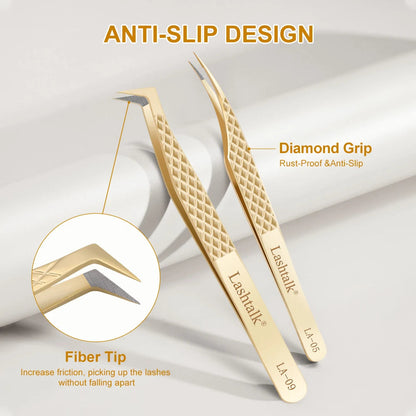 Lashtalk Precision Fiber Tip Tweezer Eyelash Extensions Diamond Grip Anti-Slip Premium Gold Stainless Steel Makeup With Box Pack RELUX.STORE
