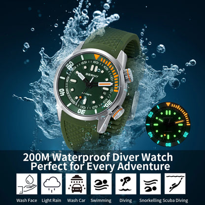BERNY 20Bar Diver Men Mechanical Watch Miyota 8215 Super Luminous Sapphire Swiming Automatic Self Wind Silicone Men Wristwatch