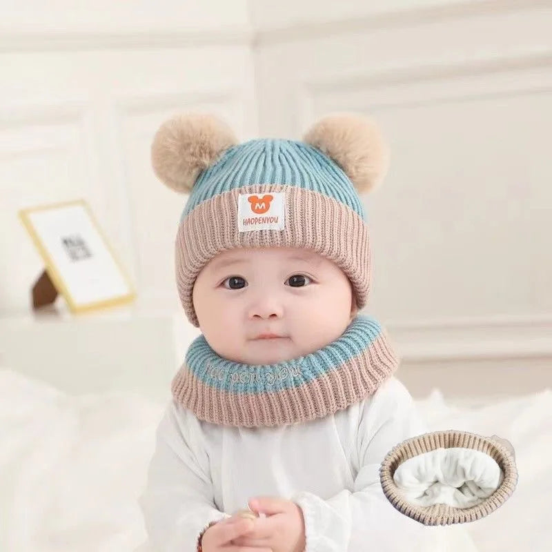 Cute Winter Warm Kids Girl Boys Baby Hats Fleece Wool Hemming Caps with Ball Solid Wool Ear Protection Hats Soft Newborn Bonnet