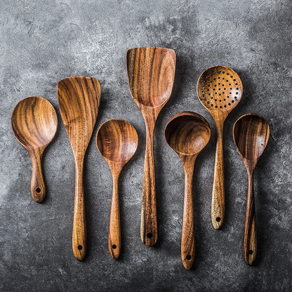 Thailand Teak Natural Wooden Tableware Cooking Ladle Turner Long Rice Colander Soup Skimmer Cooking Spoons Scoop Kitchen Tool