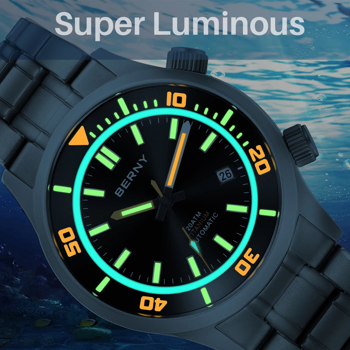 BERNY Automatic Titanium Diver Watch for Men Supper Luminous Sappire AR coated Miyota 8215 20ATM Mechanical Diving Men's Watches